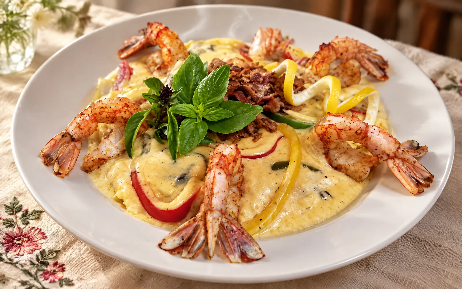 Low Country shrimp and grits: blackened shrimp around creamy cheese grits, topped with crumbled bacon, fresh basil, strips of red and yellow pepper and a lemon twist, in a white bowl on an embroidered tablecloth